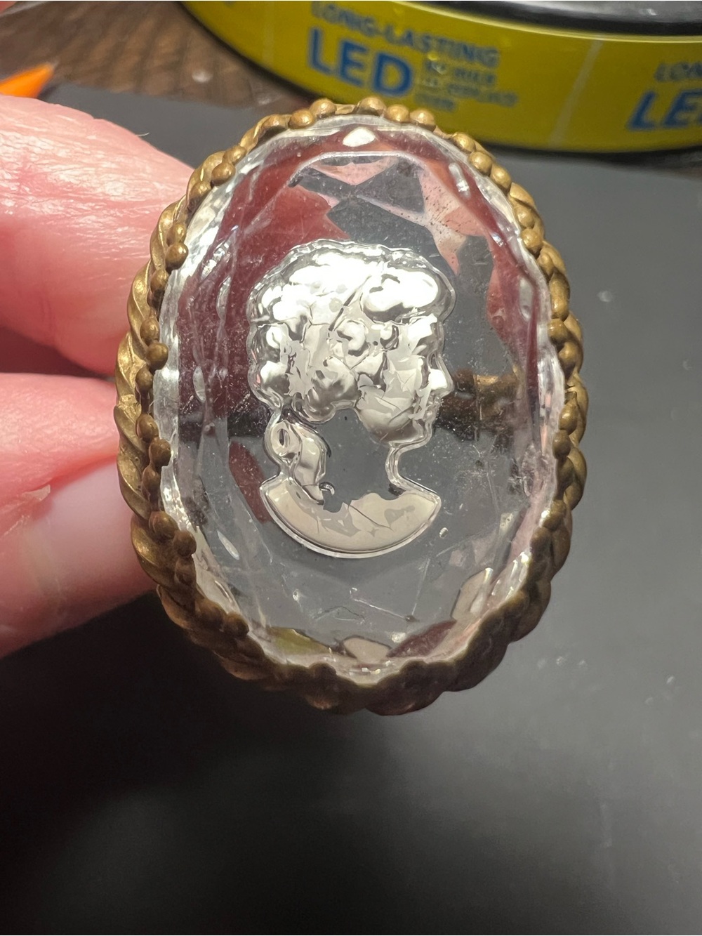 Vintage-Style Clear Glass Cameo Ring with Brass Frame - Clear
